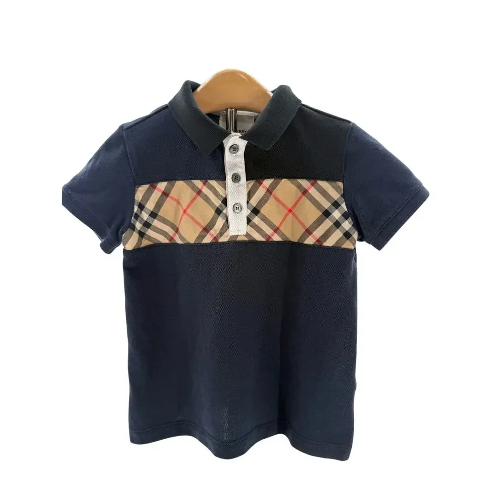 Burberry Boys Jeff Navy Blue Nova Check Color Block Polo Shirt Size 4 Youth